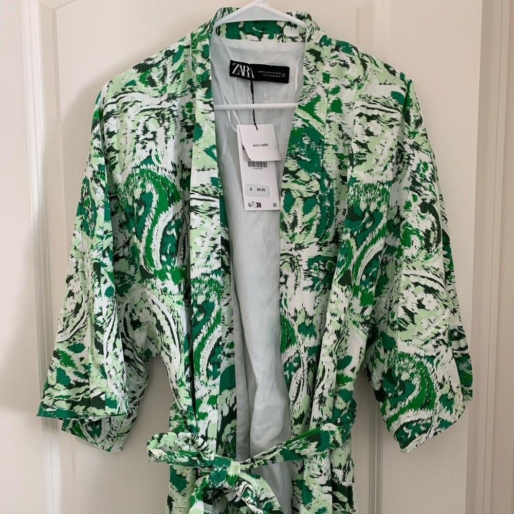 NWT ZARA Linen Blend Printed Kimono White Green Size M/L